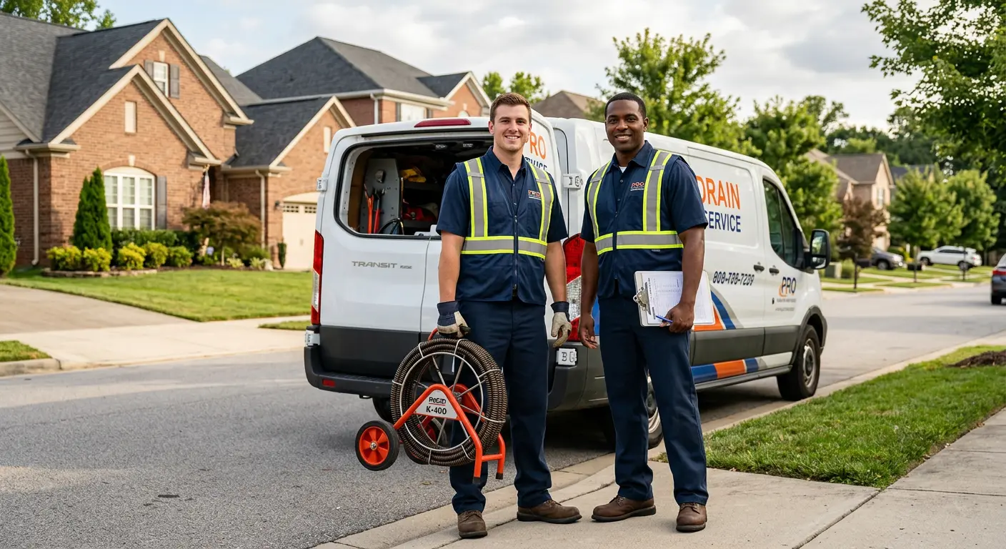 Sewer and drain service team with equipment ready for work in Morrilton
