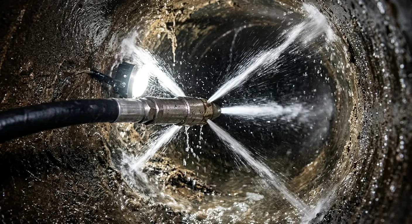 High-pressure hydro jetting nozzle cleaning sewer pipe for Storm Drain Cleaning in Morrilton