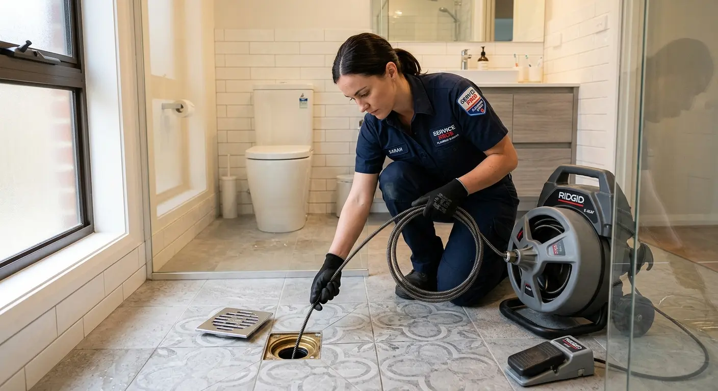 Technician clearing a bathroom floor drain for Sewer Line Installation in Morrilton